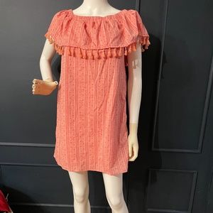 Very J Off the Should Striped/Polka Dot Pink Fringe Mini Dress Sz. S